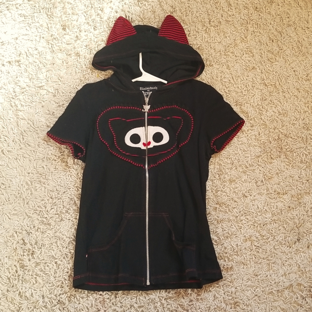 Cute kitty Tripp NYC zip up short sleeve top Size XL